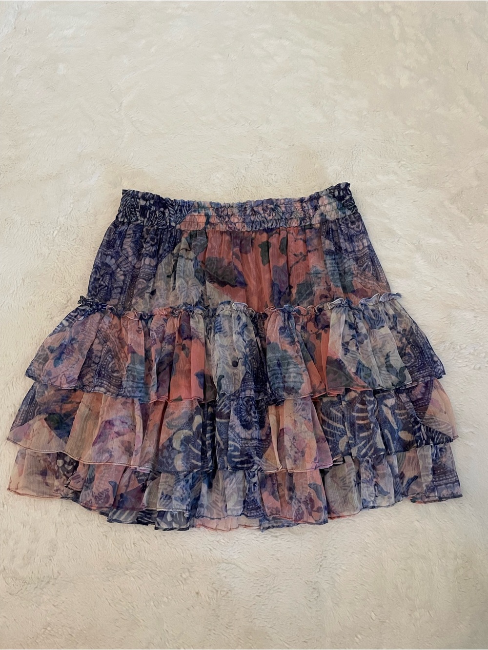 Misa Los Angeles Pink & Blue Floral Tiered Ruffle Mini Skirt